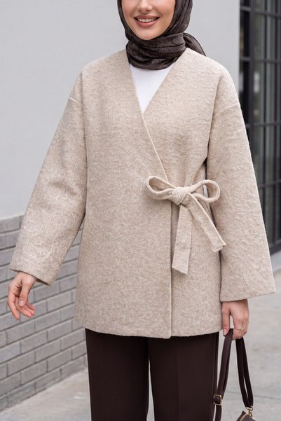 Modamorfo Yandan Bağlamalı Sakallı Kimono -bej