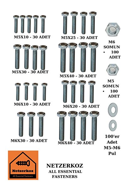 Netzerkoz 640 adet Cıvata Somun Pul Seti - (M5,M6) Altıgen başlı Cıvata , Somun, Metal Pul Seti