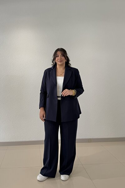 CHUL Büyük Beden Kadın Oversize Astarlı Blazer Ceket Takım - Lacivert