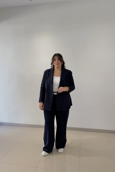 CHUL Büyük Beden Kadın Oversize Astarlı Blazer Ceket Takım - Lacivert