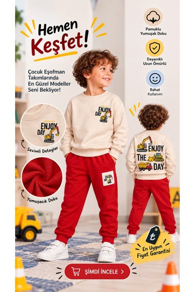 Genel Markalar Erkek Çocuk İş Makinesi Baskılı Sweatshirt & Eşofman Altı 2'li...