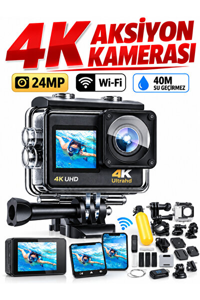 Qifit 4K Aksiyon Kamerasi 24MP 30FPS 40m Su Alti Cift Ekran WiFi EIS 170° Ultra HD Objektif Video Kamera