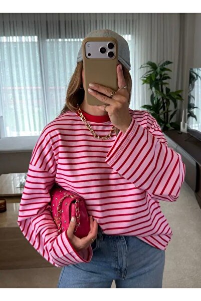 Genel Markalar Çizgili arkası yazı baskılı sweatshirt