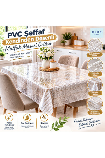 Blue Home Transparent Patterned Tablecloth, Thin Transparent Protective Cover...