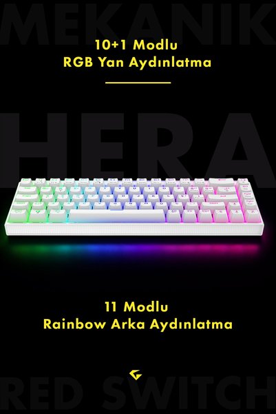 gameagle Hera %65 Kompakt 69 Tuş Red Switch Türkçe Q 11 Mod RGB Anti-Ghosting Mekanik Oyuncu Klavyesi-Beyaz