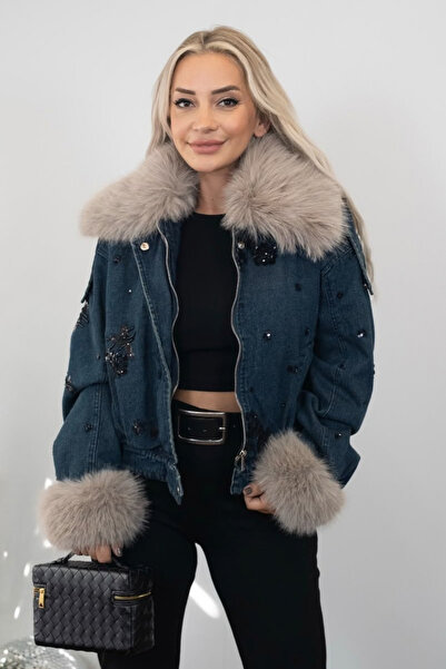 Muna Boutique Denim Embroidered Fur Collar Jacket