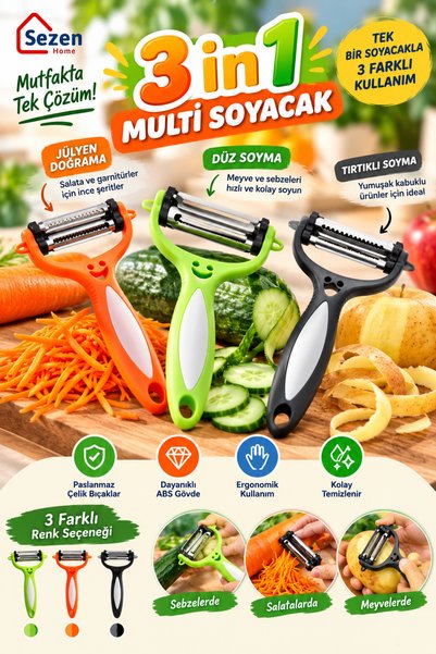 SEZEN HOME Jülyen Soyacak Sebze Kabuk Doğrama 3 In 1 Soyma Bıçağı Plastik
