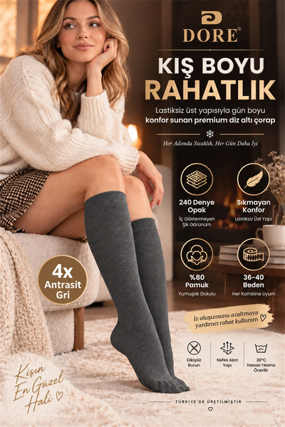 Dore Original Women's 4 Pairs of Premium Cotton Below-Knee Socks, Non-See-Thr...