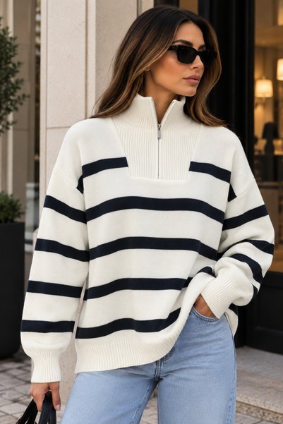 BEYUSİRA Women's Striped Zippered High Collar Oversize Knitwear Sweater