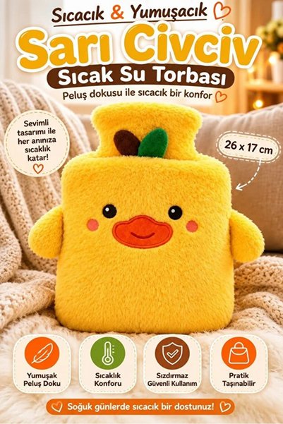 AYGÖREN HOME Peluş Kılıflı Civciv Emojili Sıcak Su Torbası Cepli El Geçmeli S...