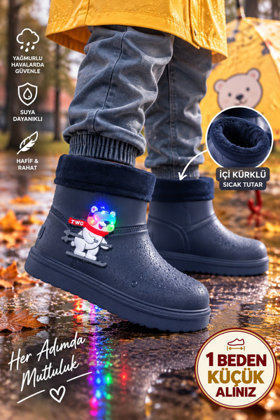 Twingomax Çocuk Kışlık Emojili Işıklı Konforlu Yağmur Çizmesi Unisex