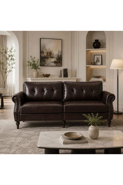 homejoyz كنب جلد وخشب سويدي - بني غامق - أربيفا - 180x80x85 سم