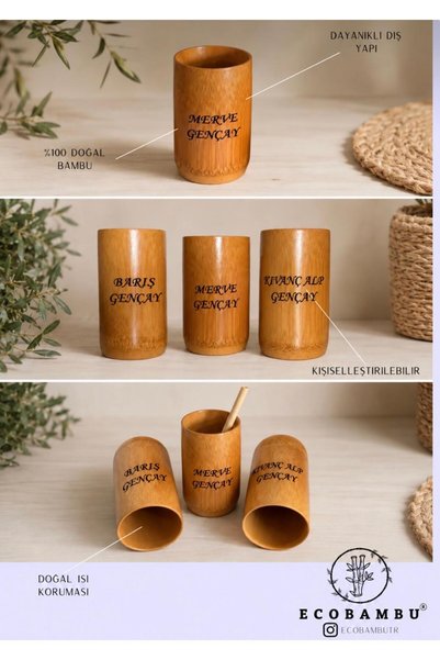 Ecobambu Kişiye Özel İsim Yazılı %100 Doğal Bambu Bardak 350 ml - Hediyelik A...