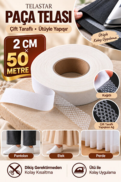 TELASTAR Paça Telası - Çift Taraflı Yapışkan Tela 50 Metre - Eni 2cm Ütüyle Y...