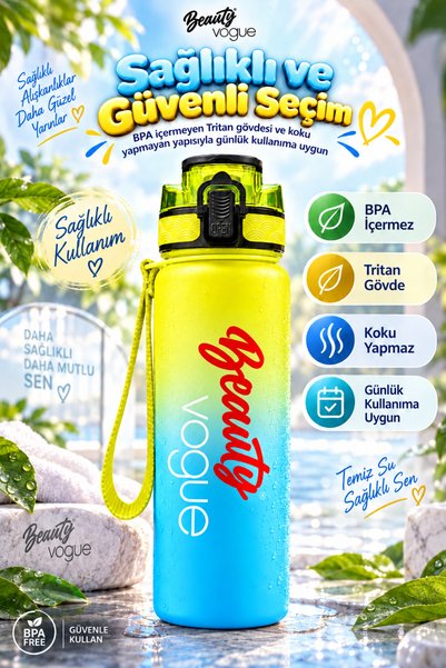 Beauty Vogue Hydra Boost Edition 1 Liter One-Touch Open Leak-Proof Locking Lid Filtered and Healthy Special Design Bpa-Free Odor-Free Gym School Office Motivational Tritan Water Bottle with Strap Yellow Blue