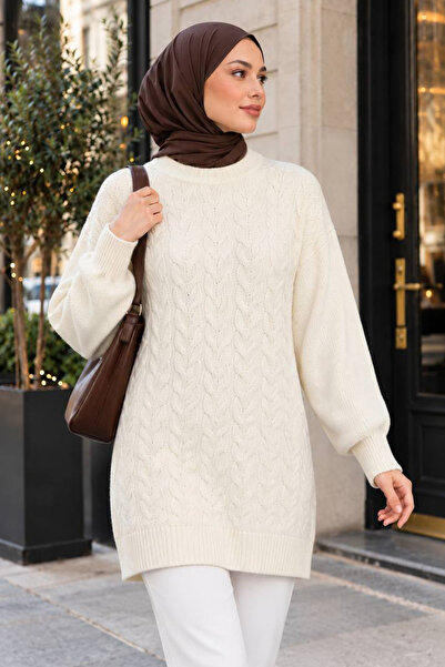 N.S NEVA STYLE Knitted Detailed Cream Hijab Knitwear Sweater Tunic 8652Kr