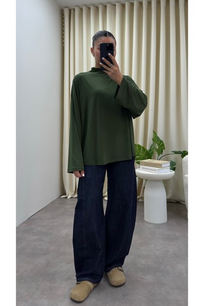 YOUR NAME Dik Yaka Oversize Dökümlü Haki Bluz