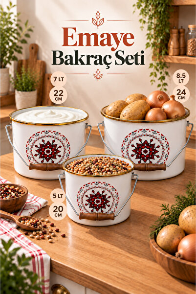 Bonera Enamel 3-Piece Bakraç Set 20-22-24 cm Cream - Bakliyat Yogurt Bakracı