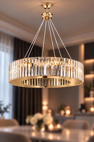 İstanbul Avize Elmas 60cm Gold Lüx Kristal Taşlı Avize