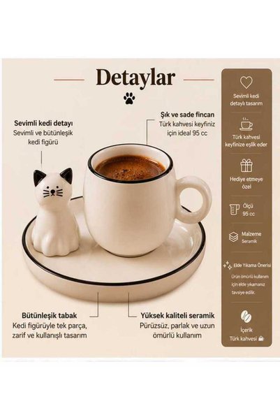 Hausette Minimal Cat Figured Ceramic Coffee Cup Set Modern Turkish Coffee Cup Set Stylish Elegant Special
