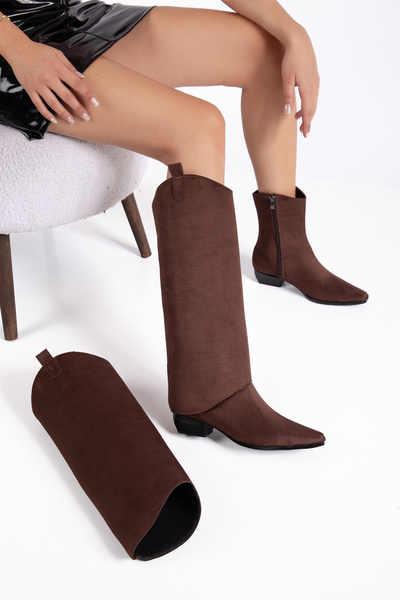 bakac store Women's Brown Suede Detachable Boots and Heeled Boots