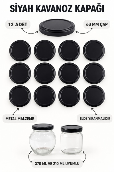 Milea 12 Black Jar Lids – 63 mm (Compatible with 370 ml and 210 ml Jars)