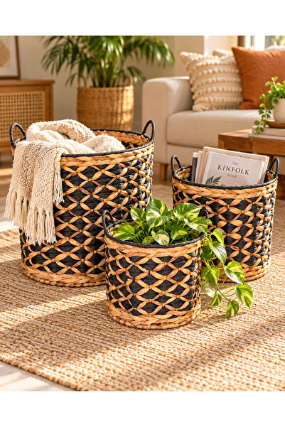 Bahçem Decorative Set of 3 Round Wicker Baskets – Decorative Organizer with H...