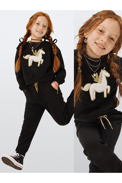 Denokids Κοριτσίστικη βελούδινη φόρμα μονόκερος από 100% βαμβάκι, χοντρή μαύρ...