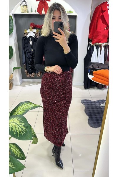 HandeButik Kadın Bordo Payetli Midi Boy Etek