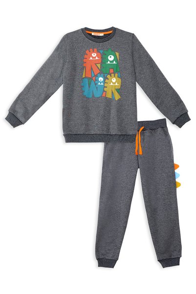Denokids Rawr Tırtırlı Boys' Winter Anthracite Tracksuit Set