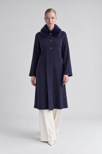 Levidor Fur Collared Cashmere Cardigan Navy Blue