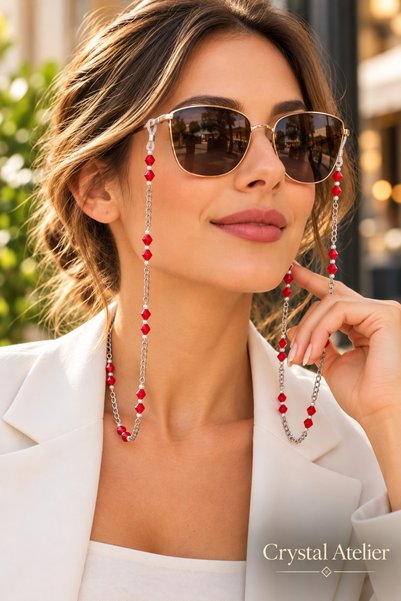 Crystal Atelier Kırmızı Kristal Taşlı İnci Boncuklu Kadın Gözlük Zinciri – Şı...