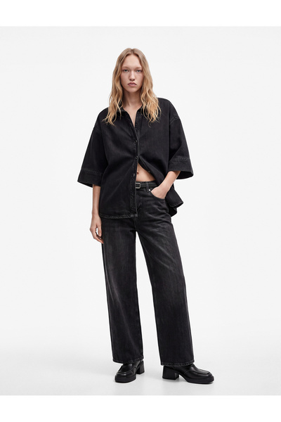 Koton V-Neck Buttoned Oversized Denim Shirt with Folded Back Detail and 3/4 S...