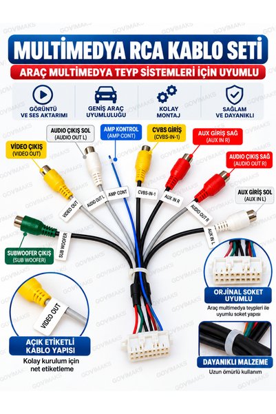 GOVİMAKS Araç Multimedya RCA Kablo Demeti AUX VIDEO OUT CVBS IN Amfi Subwoofer