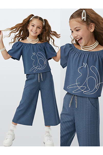 Denokids Girls' Set Denim Look Blouse Trousers Woven Summer 4-10 Years