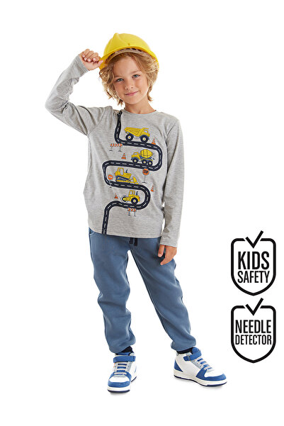 Denokids Boys Winter Construction Vehicles Patterned Blue Long Sleeve 2-Piece...