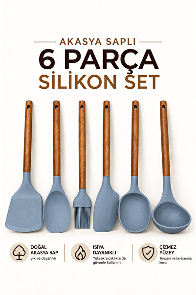 AC AMİSOS 6-Piece Silicone Kitchen Utensil Set with Acacia Wood Handles – Spa...