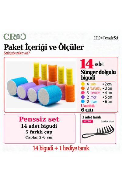 Croc 1210 Cırtlı Sünger Bigudi 14lü Karma Paket - Yapışkanlı Saç Bigudisi