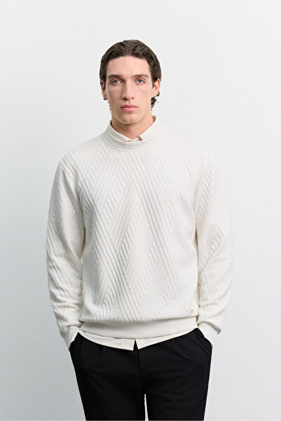 Avva Men's Ecru Crew Neck Easy-Iron Jacquard Regular Fit Sweatshirt A62Y1255