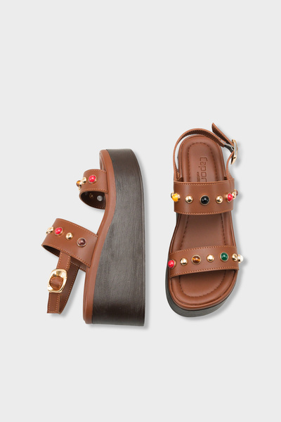 Capone Outfitters Jennie Wedge Heeled Colorful Stone Double Strap Women's San...