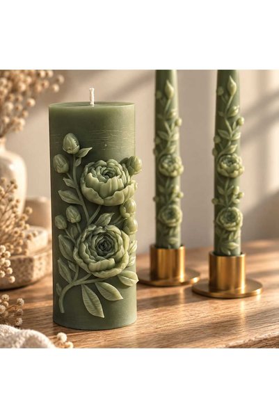 SCA CANDLE Dekoratif mum Şamdanlık Mum Çiçed Desenli +Stand Topalm Topalm 3 P...