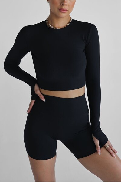 LADY HAZAL Siyah Spor Crop Top Bisiklet Yaka DARKALIP Soft Touch Basic Parmak...