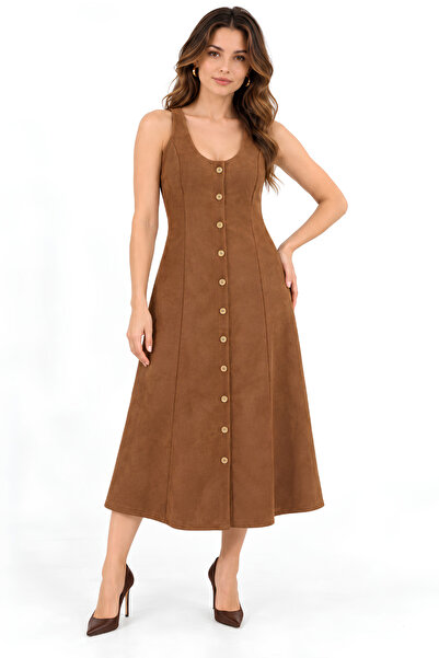 MOVİMENT Rochie Gilet din piele intoarsa maro, cu guler rotund si detaliu cu ...