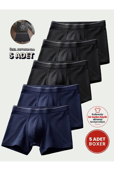CENNETOĞLU Trendybee Men's Lycra Cotton Boxers with Special Hygienic Packaging, Pack of 5 (Black-Dark Blue)