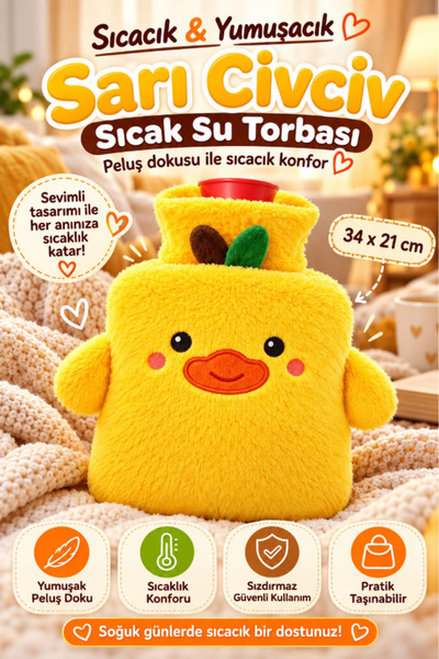 TUMU LIFE Peluş Kılıflı Civciv Emojili Sıcak Su Torbası Cepli El Geçmeli Sıca...