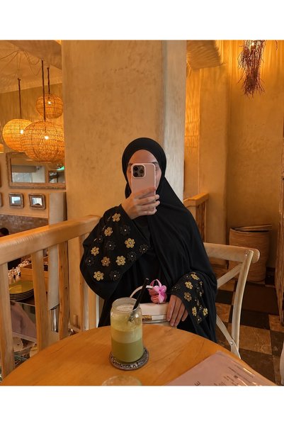 Ophelia Aya 2-in-1 Buttoned Open Abaya with Hand-Embroidered Floral Design & ...