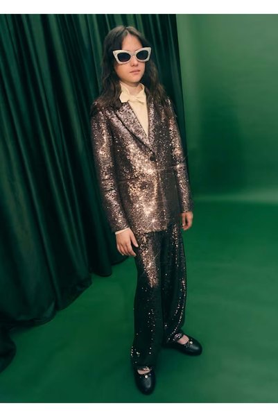 Abel Girl's Sequined Pants Jacket Set Brown