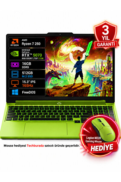LOQ 15AHP11 83TN00AATR AMD Ryzen 7 250 16GB 512GB SSD RTX5070 8GB TGP 115W 15.3" WUXGA IPS 165Hz FreeDOS Luna Grey Taşınabilir Bilgisayar