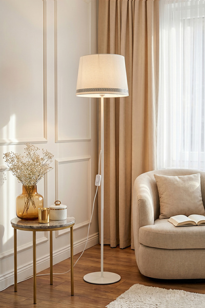 Marrien Cora Krem Metal Tek Ayaklı Lambader - Luxury Desenli Başlık 145cm Mod...