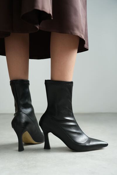 MODAADAM Women's Lopez Stretch Material Pointed Toe Heeled Boots - black-leather